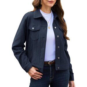 Women Navy Corduroy Cropped Shacket Button Down Long Sleeve Casual Coat